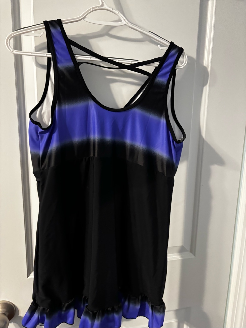 Women's Black and Blue Striped Tank Top with Ruffle Hem